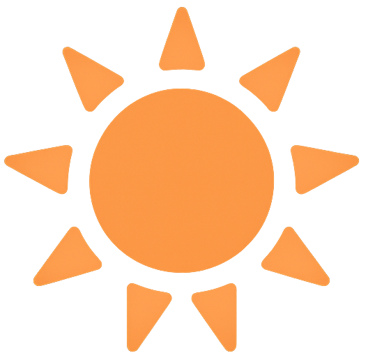 Stylized sun icon with a circle center and triangular rays on a green background.